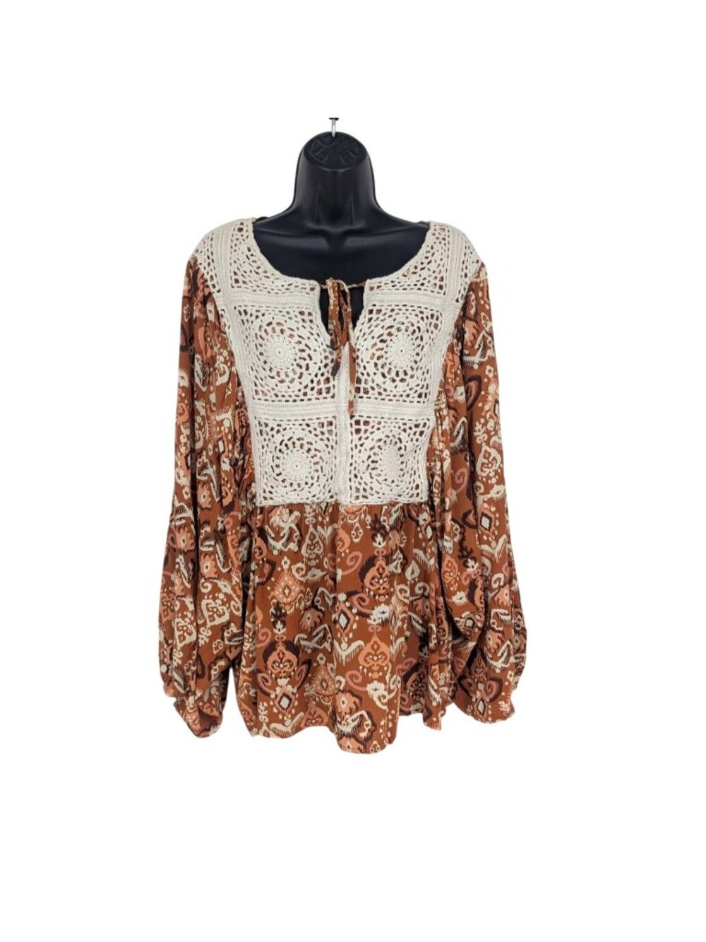 Rusttydustty Crochet Panel Top Geometric Balloon Sleeve Boho Peasant Y2K 2XLarge